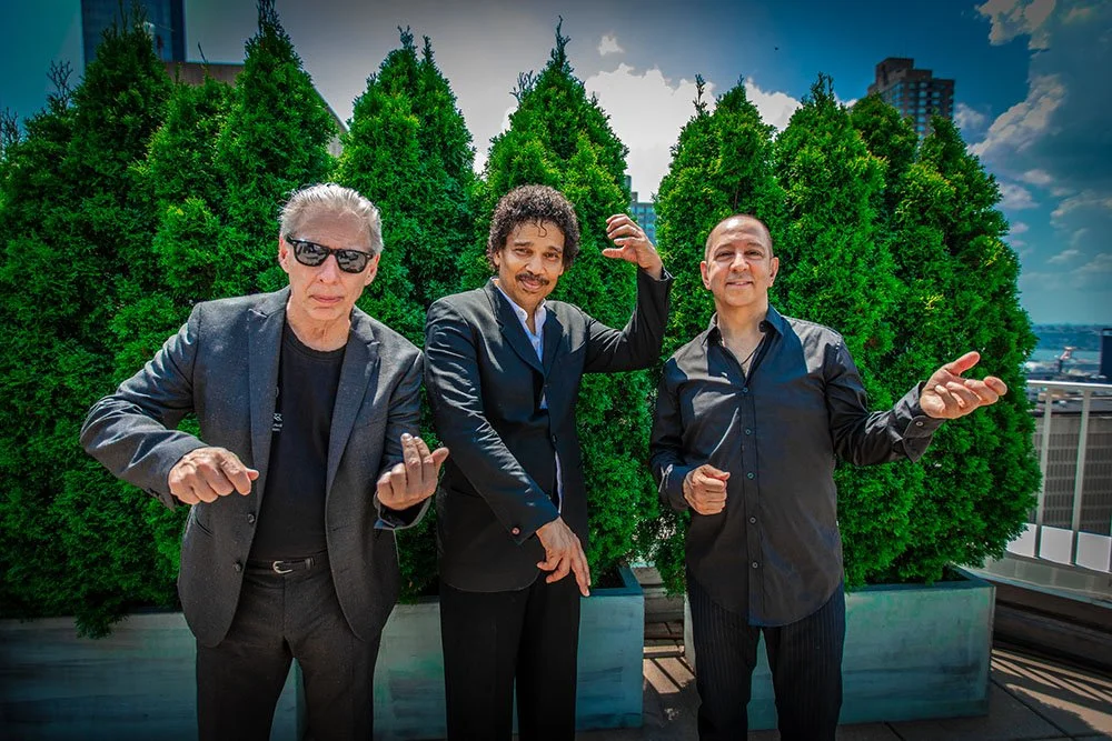 Three men standing on a rooftop with large green bushes behind them, city buildings in the background, and a partly cloudy sky above.