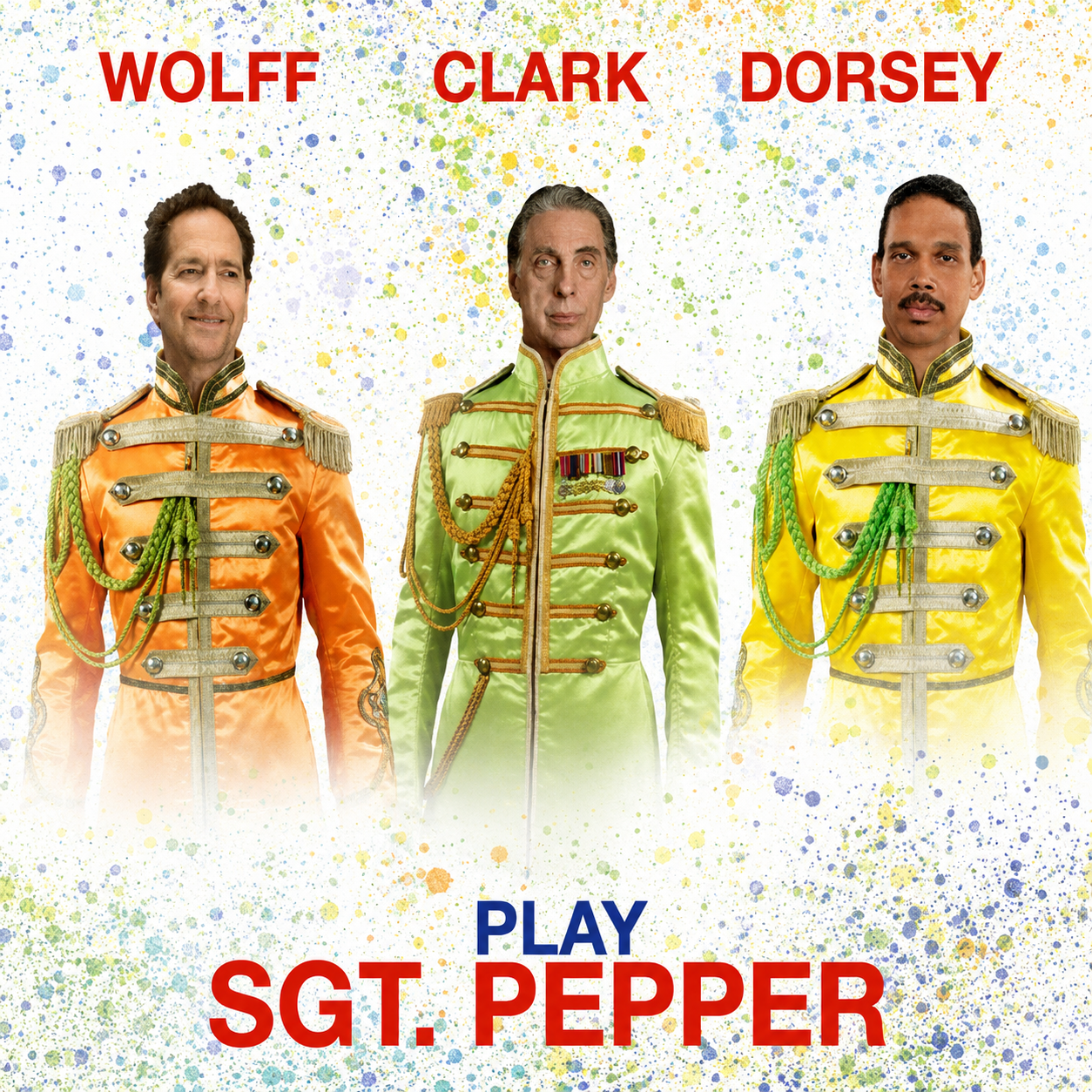 Promotional poster for the movie 'Sgt. Pepper', featuring three men dressed in colorful, ornate military jackets with medals and cords, standing against a white background with colorful splatter paint.